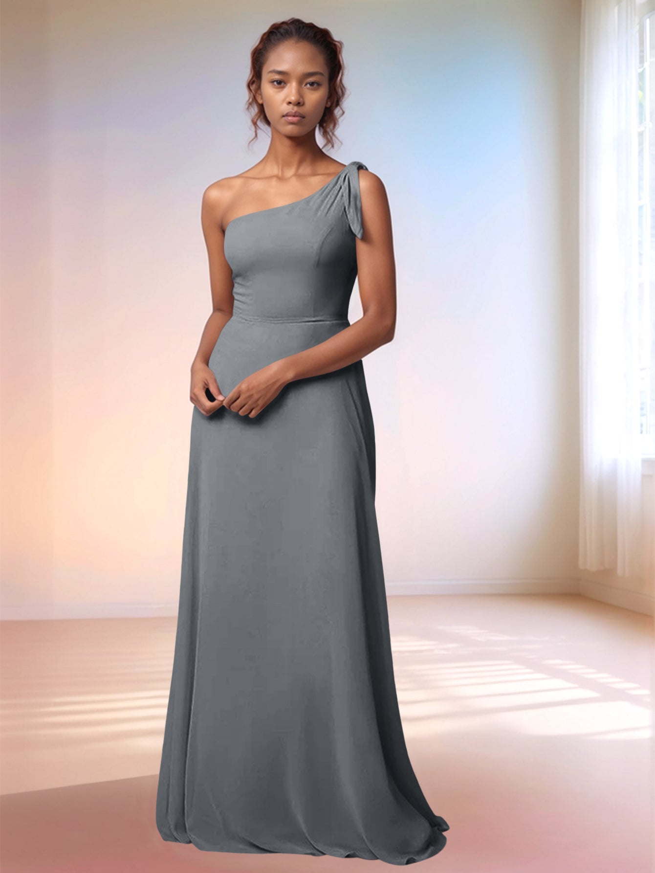 one shoulder grey chiffon dress Gray Chiffon Maxi Dress with One Shoulder