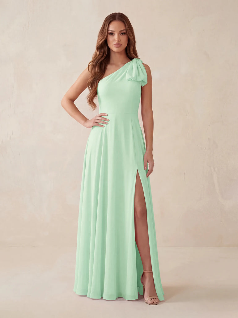 Pink Bow One Shoulder Chiffon A-Line Long Bridesmaid Dress with Slit