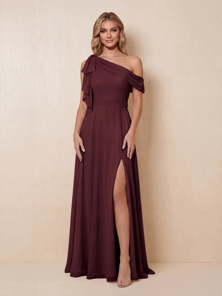 Burgundy One Shoulder Bow Ruffle Chiffon Slit A-Line Long Bridesmaid Dress