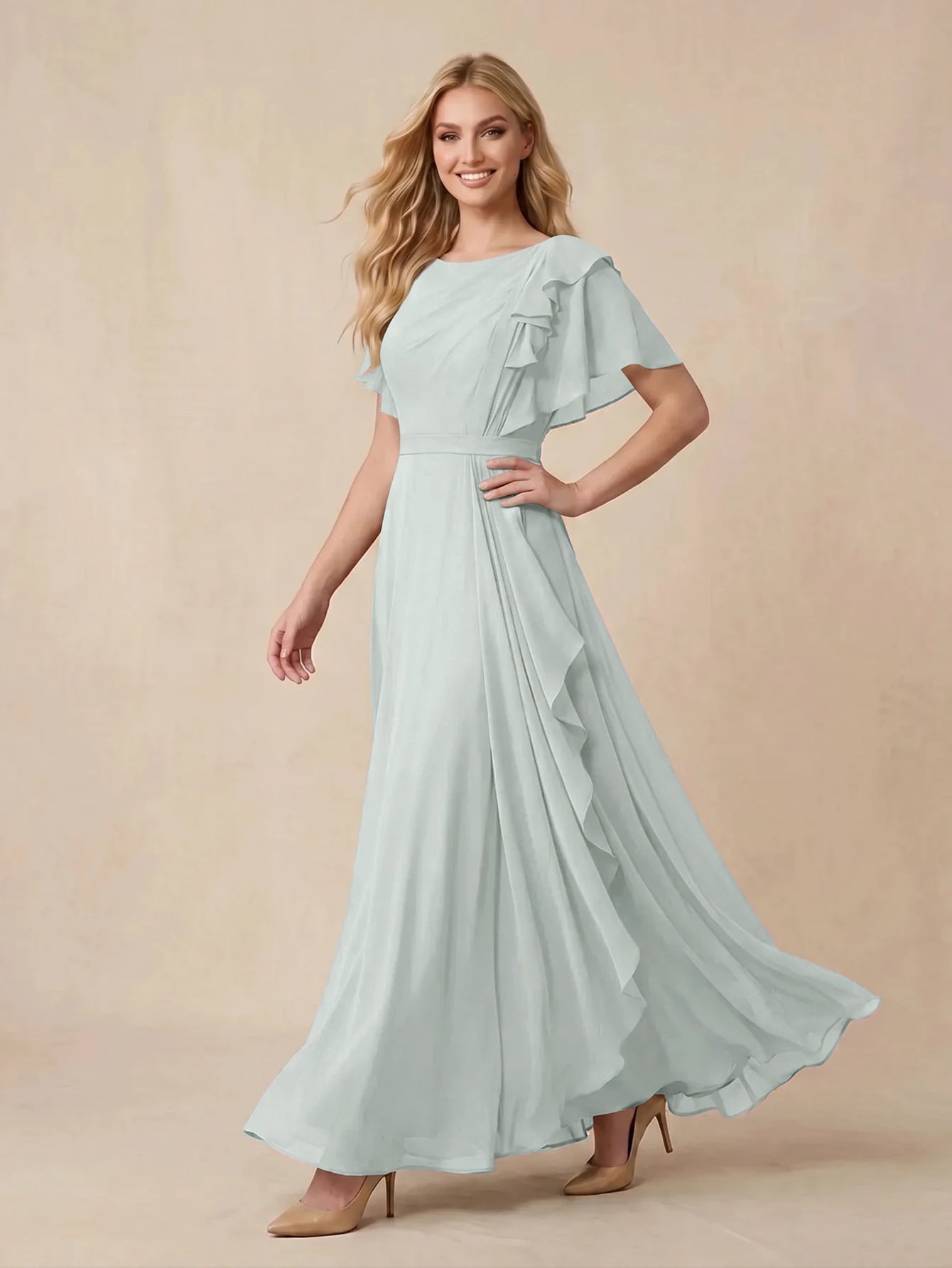 Agave Chiffon Elegant Bridesmaid Dress With Flutter Sleeves