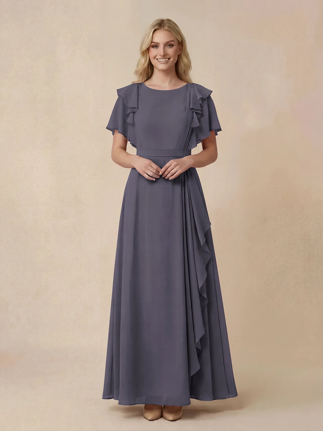 Stormy Blue Scoop Neck Chiffon Bridesmaid Dress With Flutter Sleeves