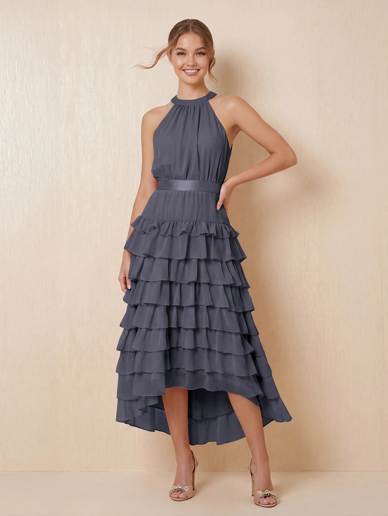 Stormy Blue Halter Bridesmaid Dress With Layered Hem