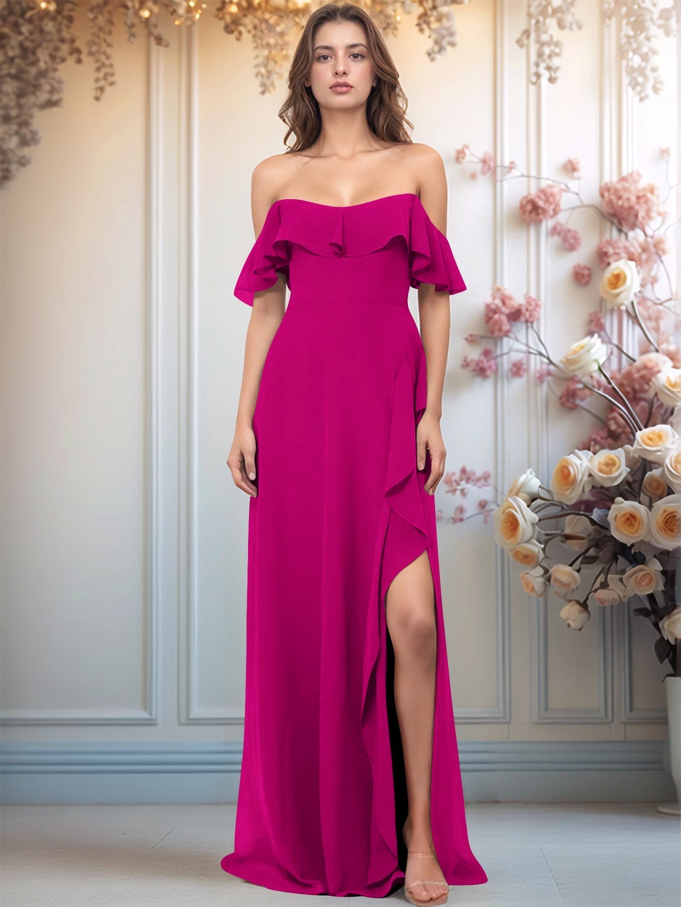Ruffle Off Shoulder A-Line Chiffon Bridesmaid Dress