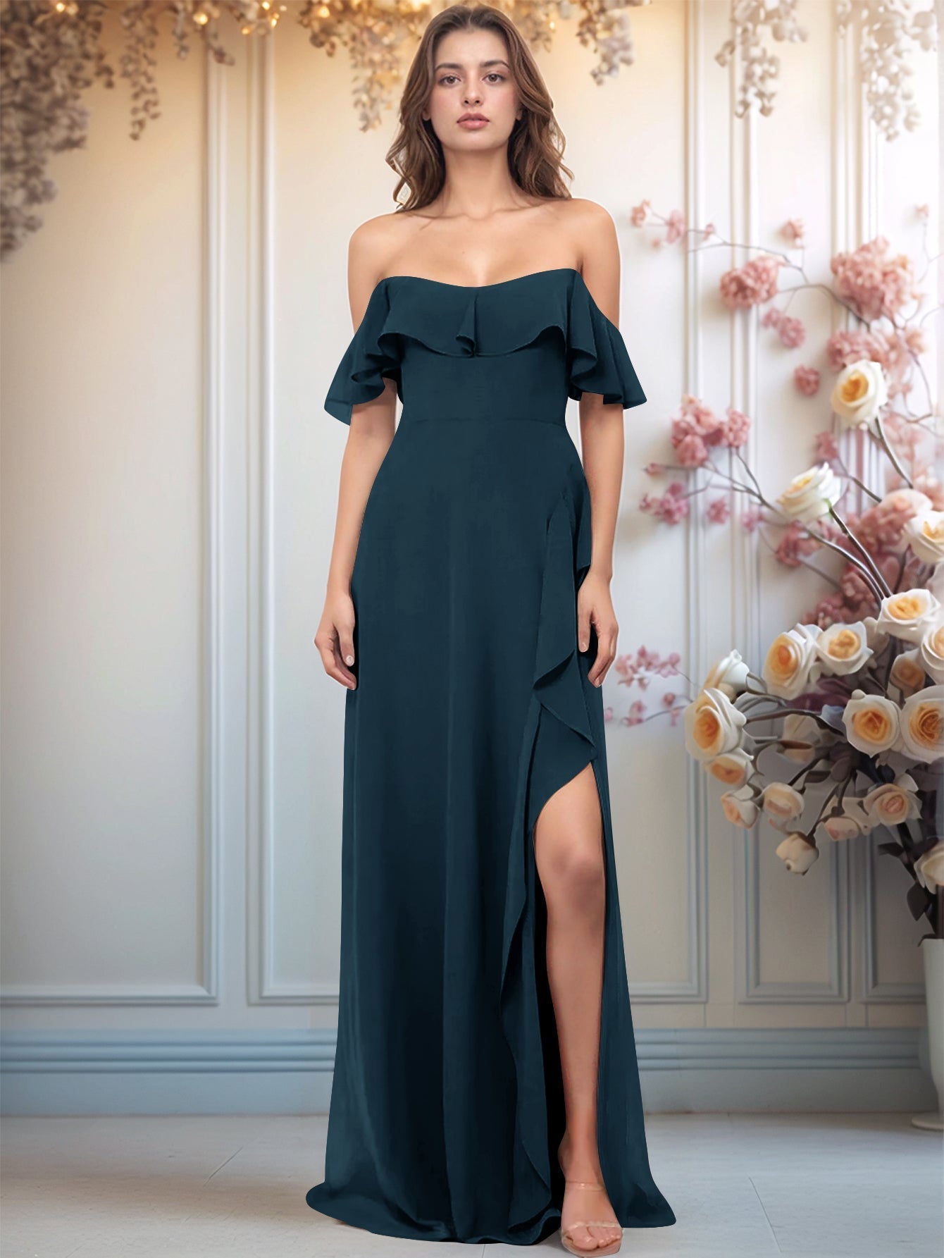 Ruffle Off Shoulder A-Line Chiffon Bridesmaid Dress - Peacock Blue Worldprom Ruffle Off Shoulder A-Line Chiffon Bridesmaid Dress - Peacock Blue Worldprom