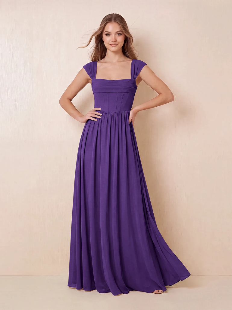 Agave Square Neck Chiffon A-Line Ruched Long Bridesmaid Dress
