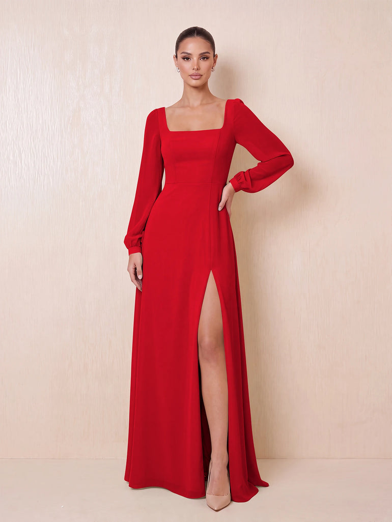 Red Square Neck Long Sleeve Chiffon Bridesmaid Dress with Slit