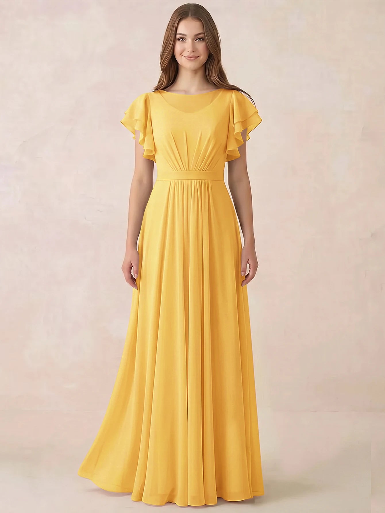 mustard bridesmaid dresses Yellow Floor Length Chiffon Dress For Wedding With Cap Sleeves Ruching Split Size:10P Sleeveless crepe beach mini Age-65