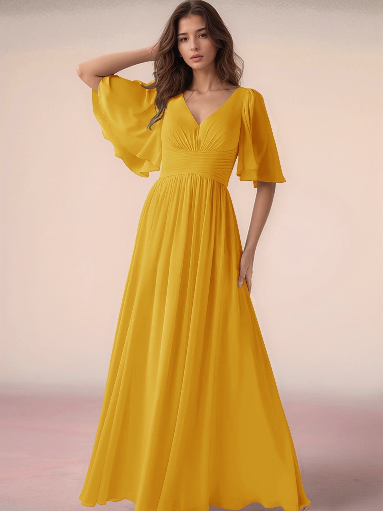 Half Sleeve Pleats Chiffon A-Line Bridesmaid Dress