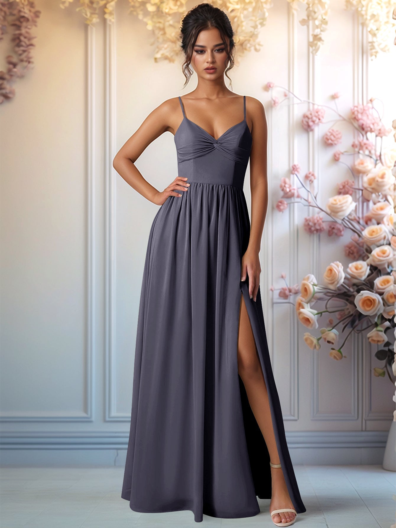 A-Line Chiffon Back Bow Bridesmaid Dress With Slit - Stormy Blue Worldprom A-Line Chiffon Back Bow Bridesmaid Dress With Slit - Stormy Blue Worldprom