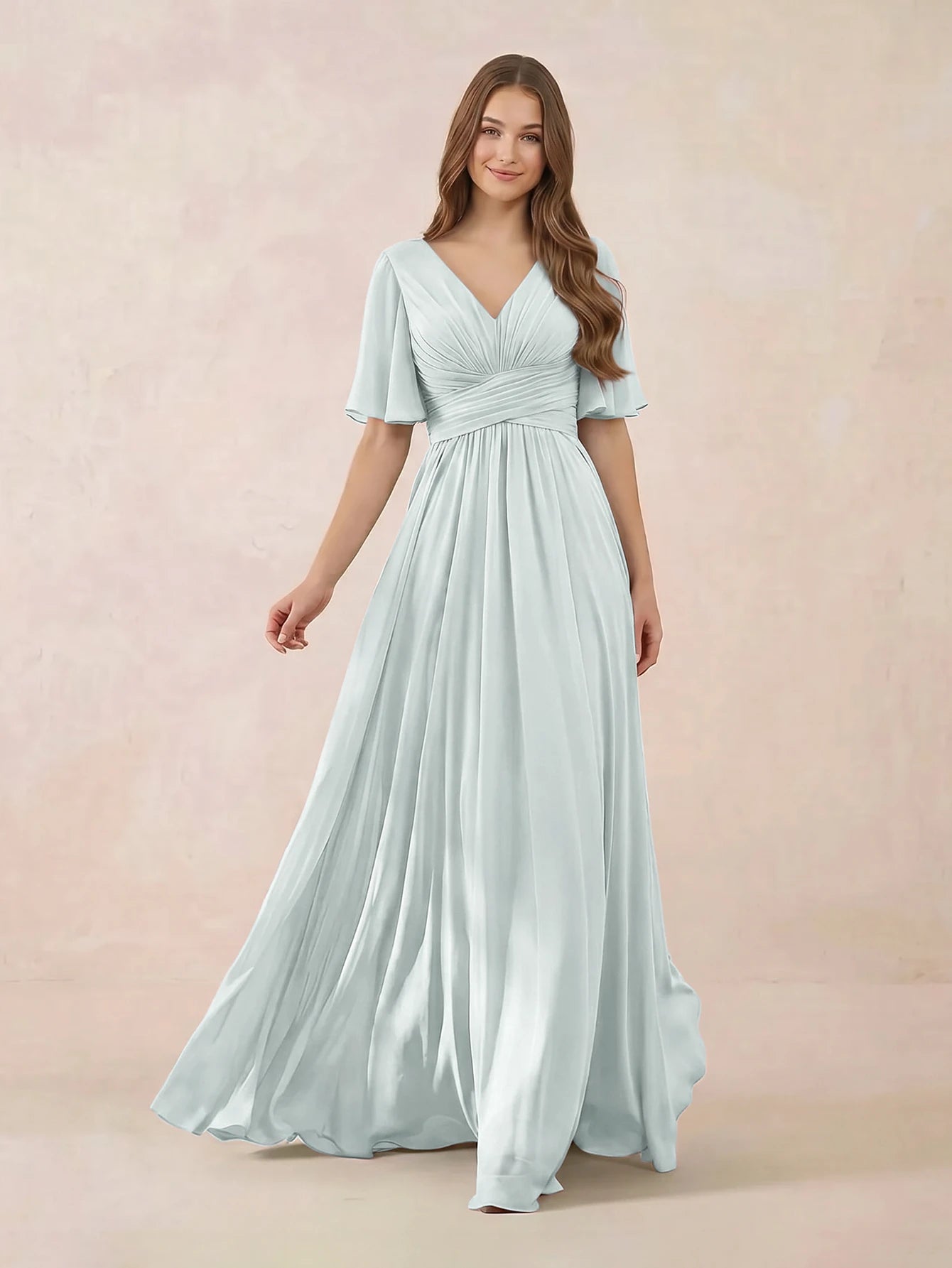 Agave Floor Length Bridesmaid Dress With Flutter Sleeves