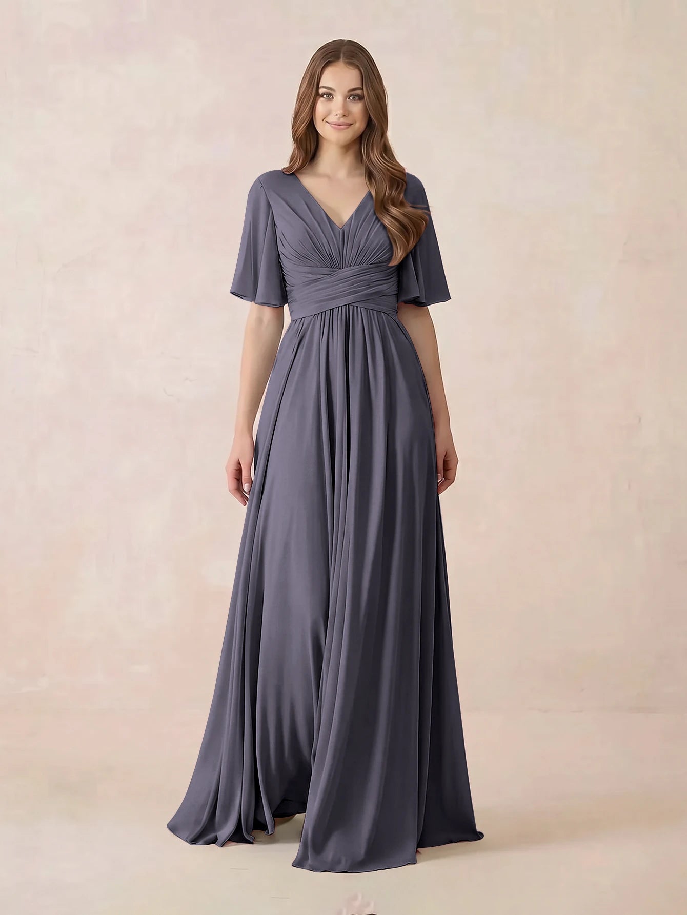 Long Formal Stormy Blue Bridesmaid Dress With Flutter Sleeves