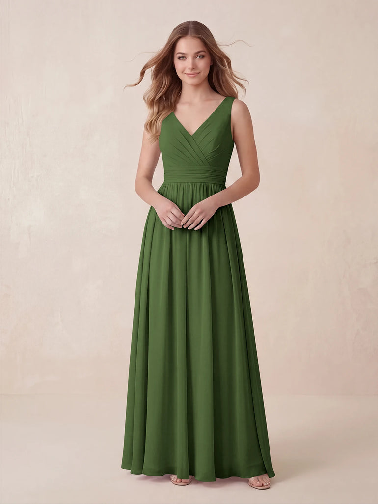 Olive Green V-Neck Chiffon A-Line Floor Length Bridesmaid Dress