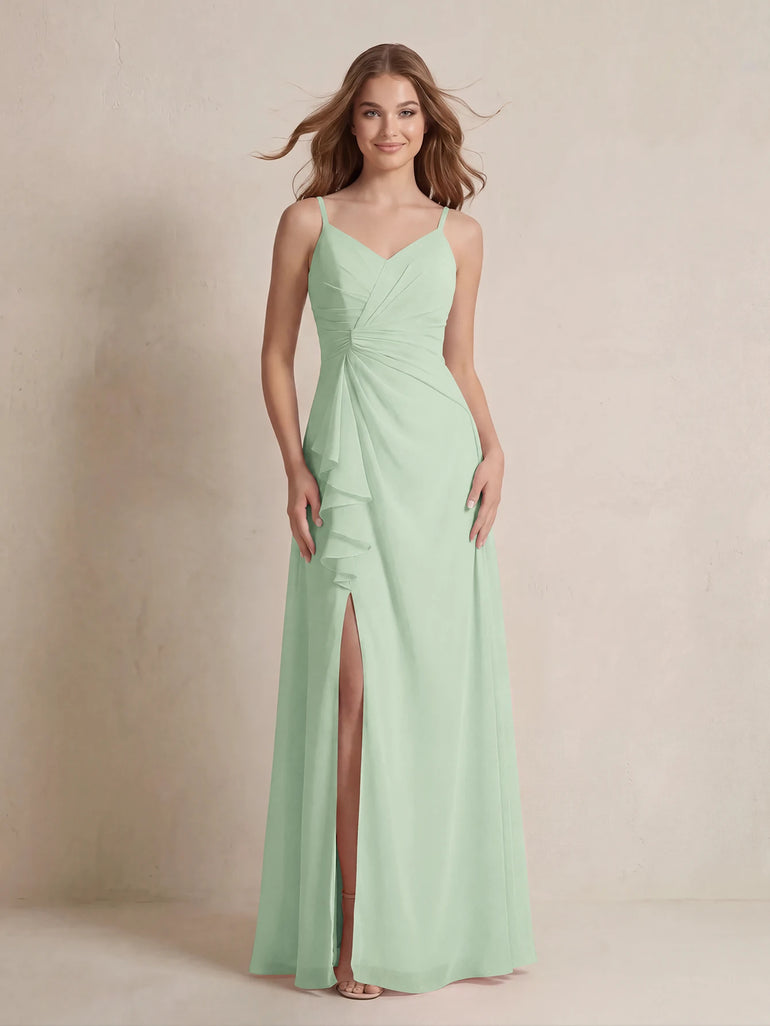 Mustard Yellow Spaghetti Strap V-Neck Chiffon Ruffled Bridesmaid Dress with Slit