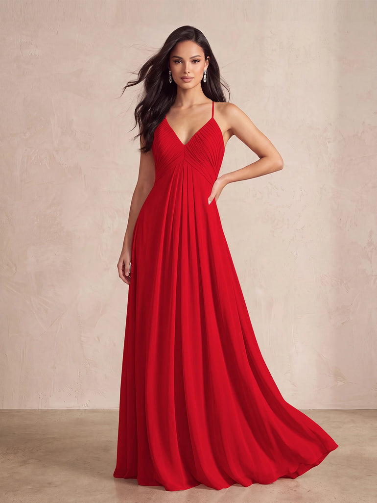 Red Spaghetti Straps Chiffon Ruched A-Line Long Bridesmaid Dress