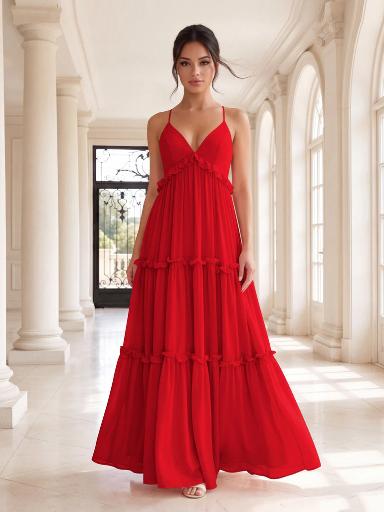 Blush Pink Chiffon Tiered Ruffle Maxi Spaghetti Strap Backless A-Line Bridesmaid Dress