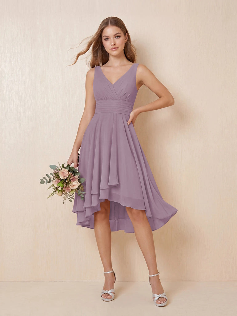 Mauve Chiffon Midi High Low V-Neck Tank Pleated Bridesmaid Dress