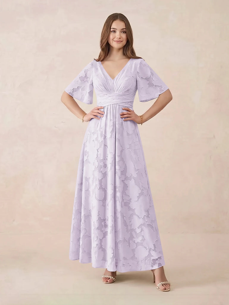 Lilac Short Sleeve V-Neck Jacquard Lace A-Line Long Bridesmaid Dress