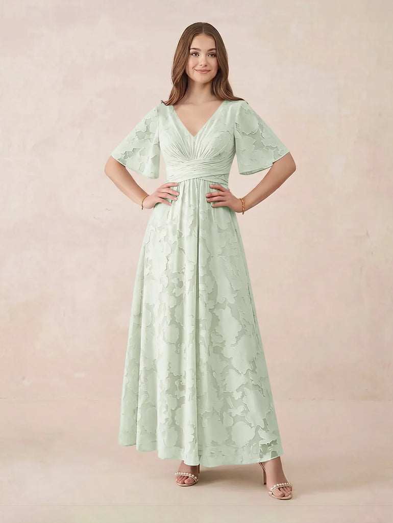Lilac Short Sleeve V-Neck Jacquard Lace A-Line Long Bridesmaid Dress