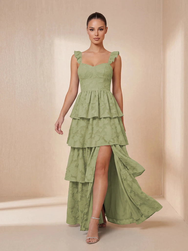 Burgundy Jacquard Lace A-Line Tiered Long Bridesmaid Dress with Slit