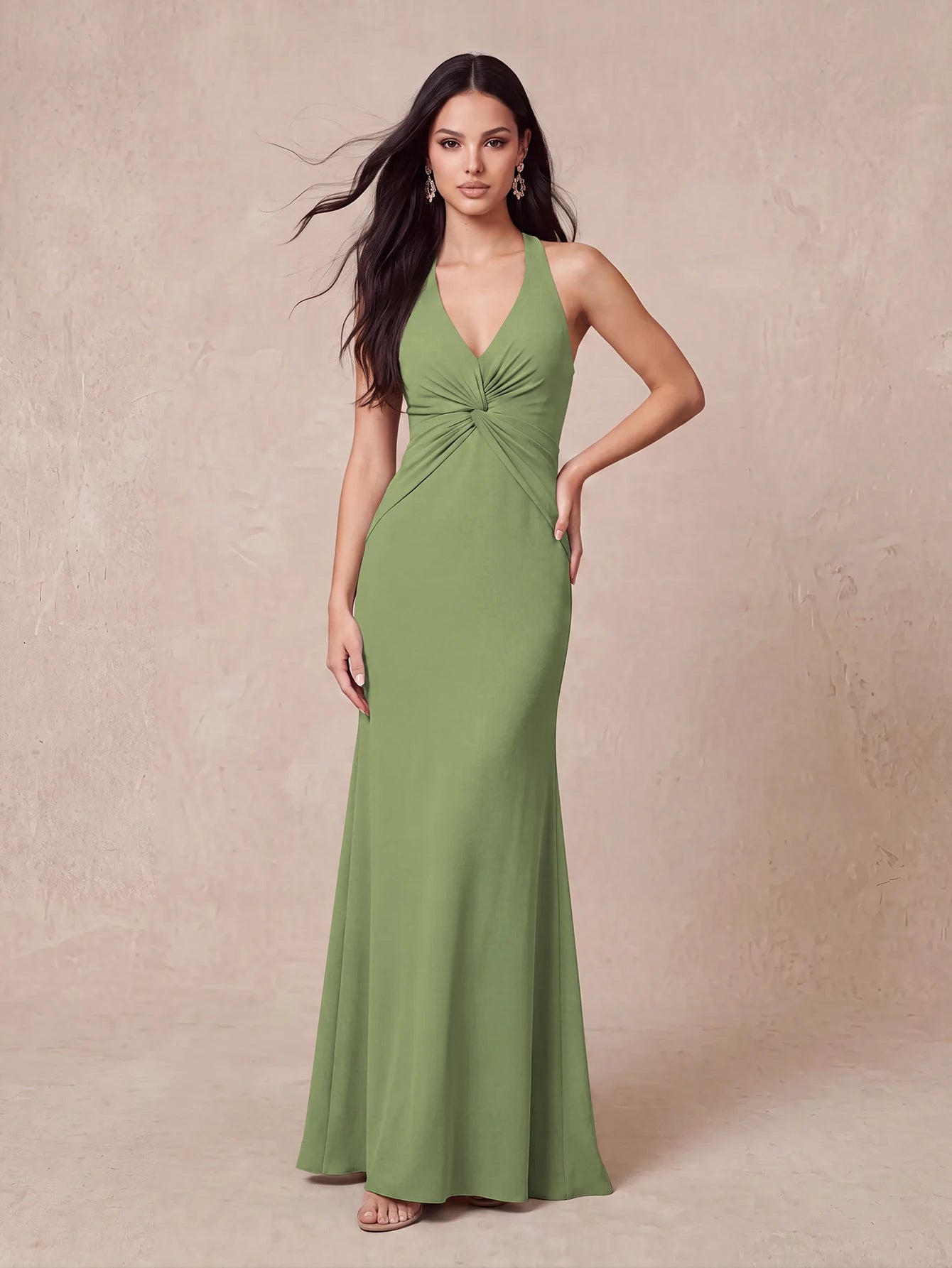 Worldprom Dusty Sage Halter Neck Chiffon Bridesmaid Dress Mermaid Maxi Wedding Guest Dress