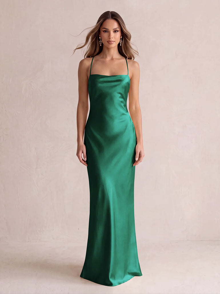 Yellow Spaghetti Straps Satin Sheath Long Bridesmaid Dress