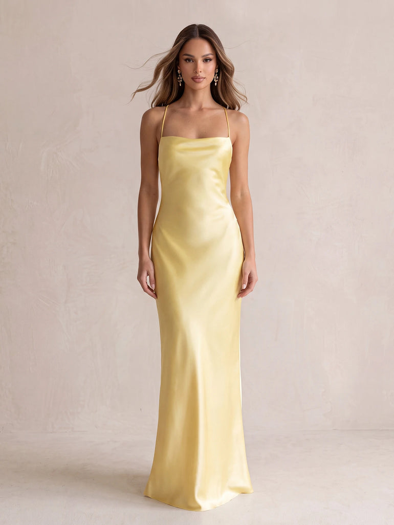 Yellow Spaghetti Straps Satin Sheath Long Bridesmaid Dress