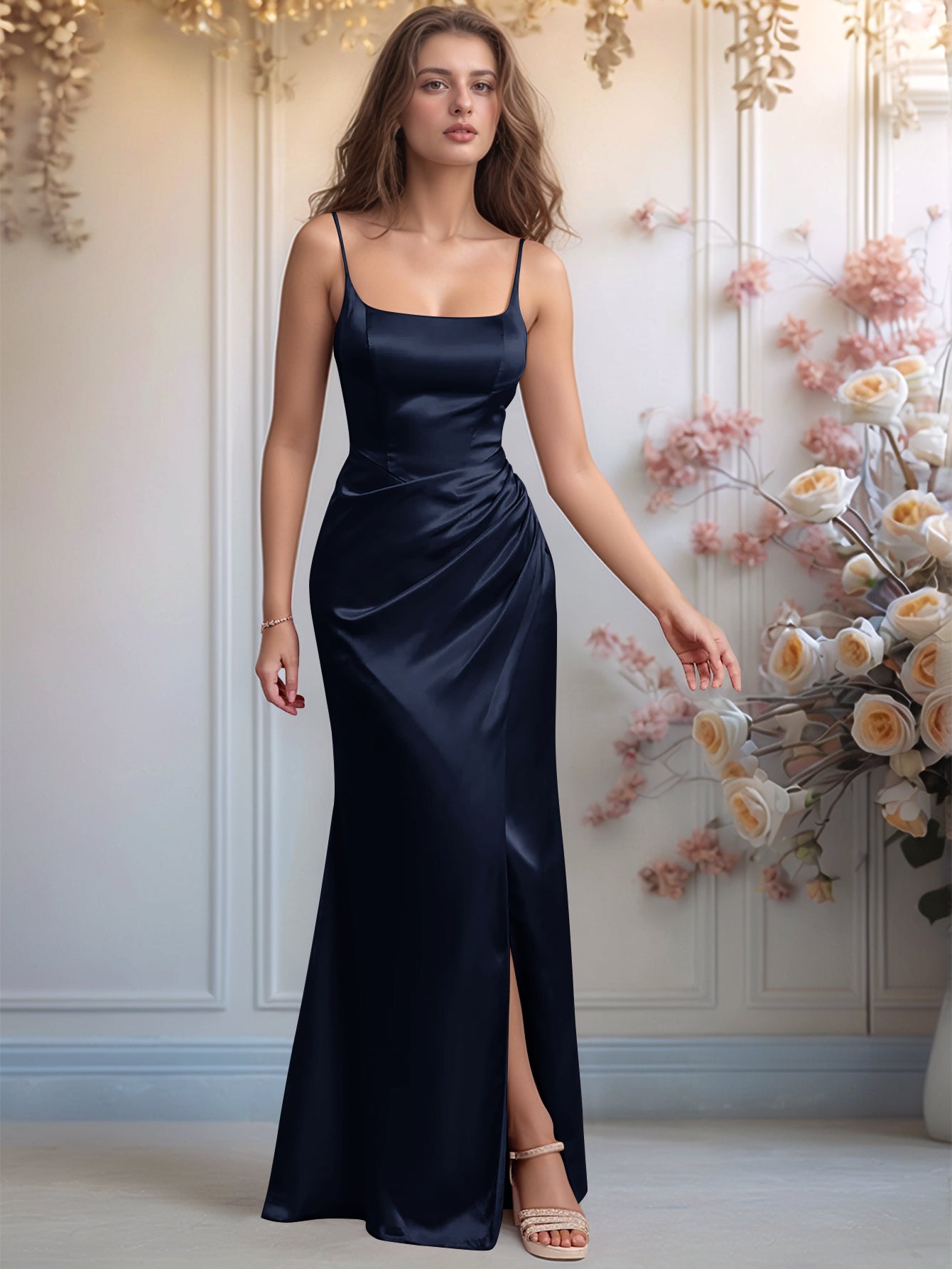 Scoop Waist Pleats Sheath Satin Bridesmaid Dress With Split