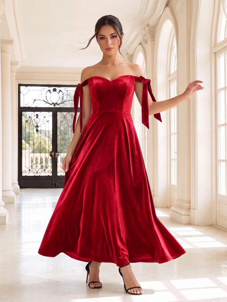 Burgundy Velvet Off-Shoulder Bow Tie-Strap A-Line Midi Bridesmaid Dress
