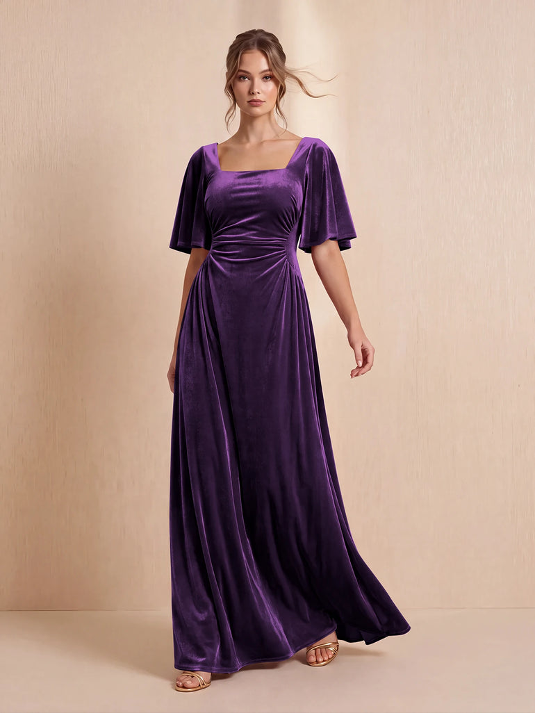 Red Square Neck Velvet A-Line Bridesmaid Dress With Flutter Sleeve