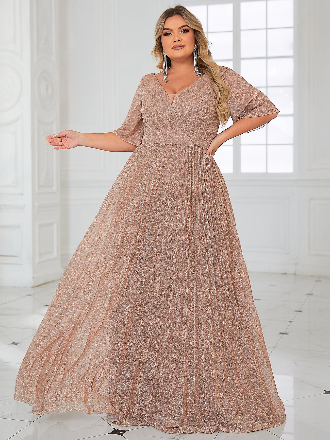 Half Sleeves V-Neck Pleated Sparkly Bridesmaid Dress - Blush Pink Worldprom Half Sleeves V-Neck Pleated Sparkly Bridesmaid Dress - Blush Pink Worldprom