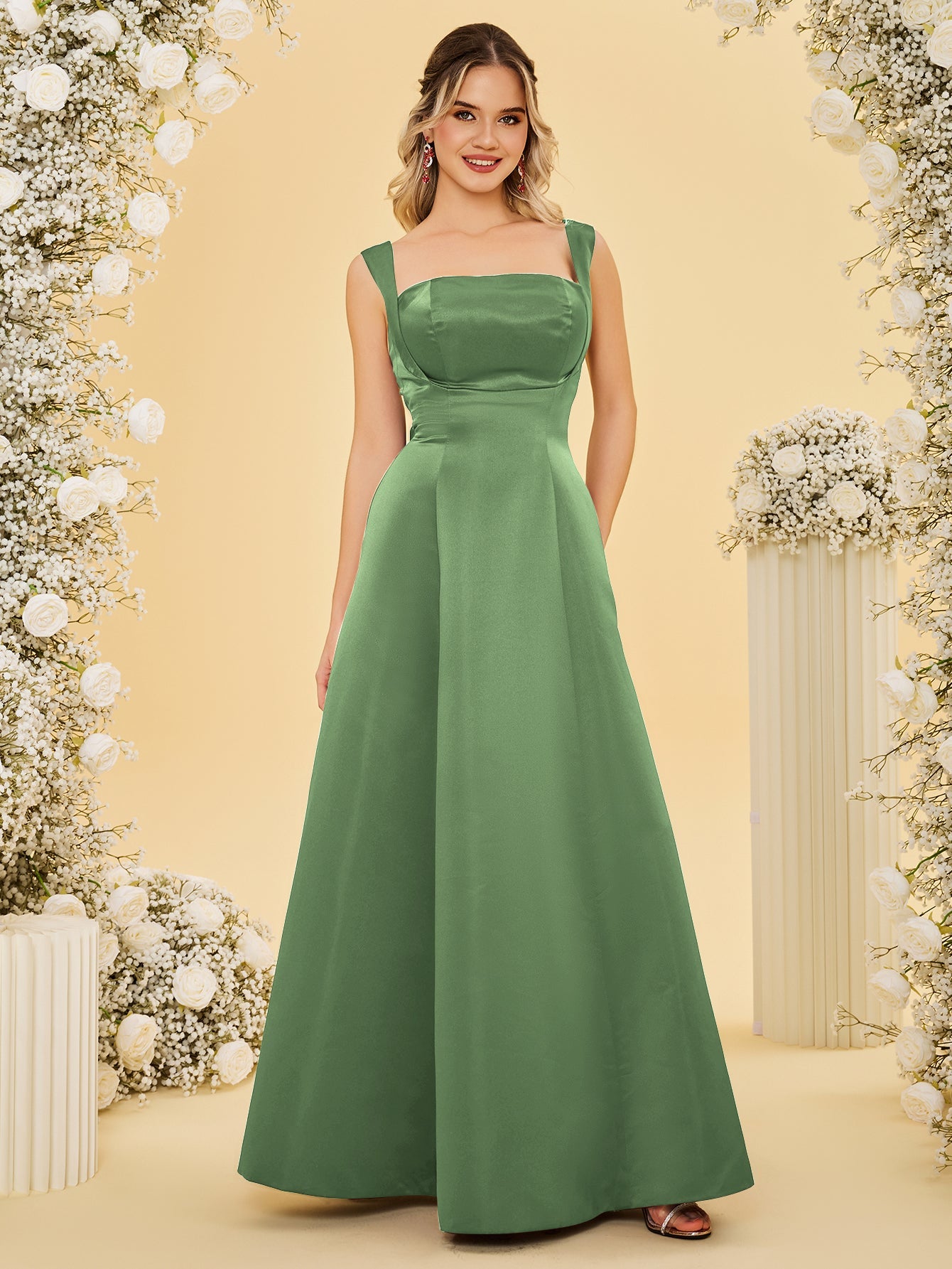 Elaborate Bow Back Satin Bridesmaid Dress With Pocket