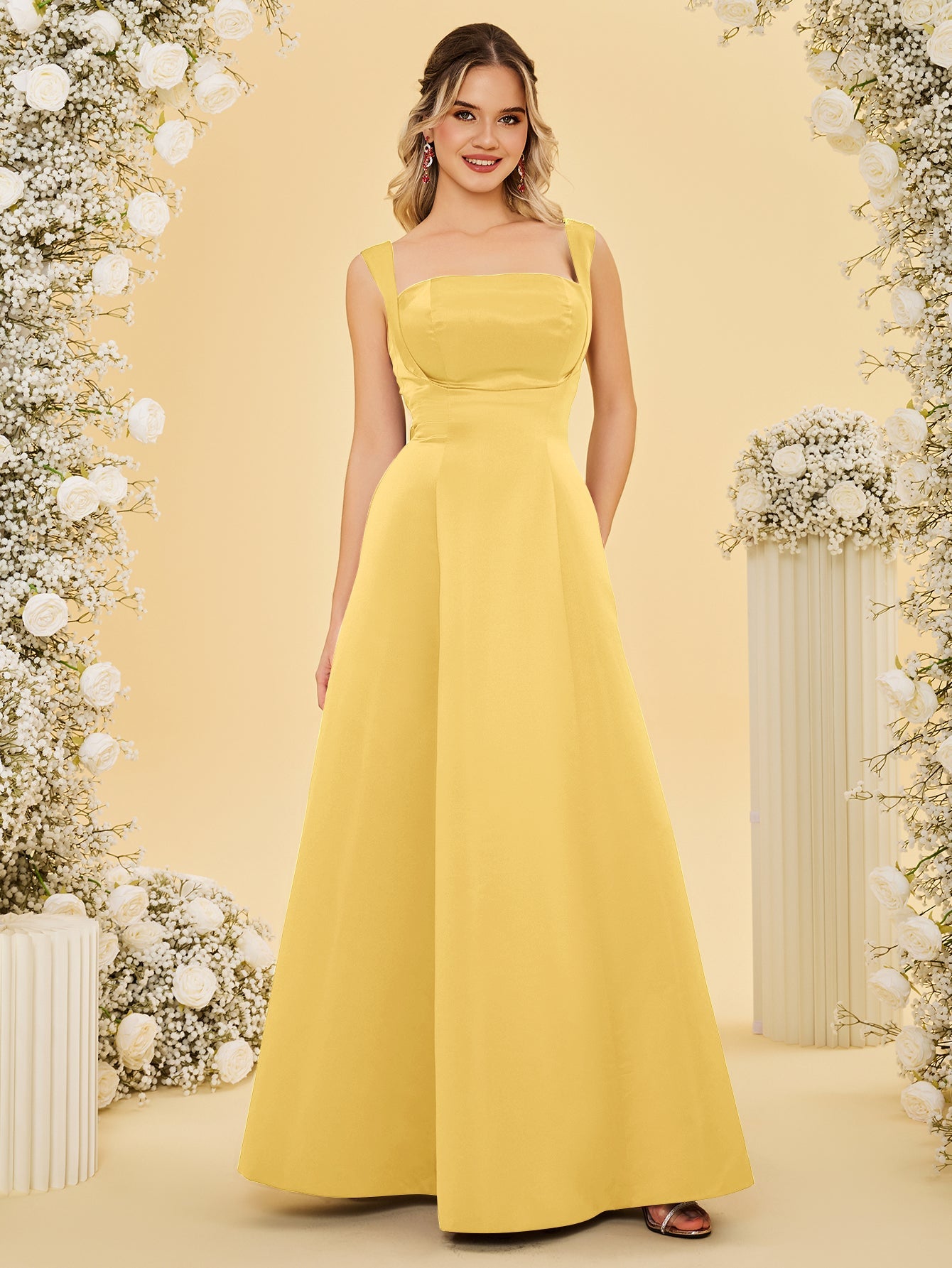 Elaborate Bow Back Satin Bridesmaid Dress With Pocket