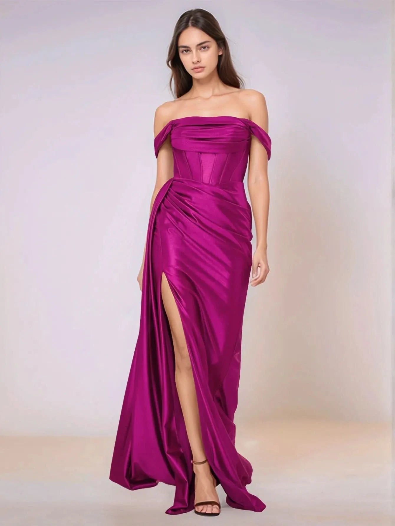 Off Shoulder Bodice Drop Waist Satin Bridesmaid Dress With Split