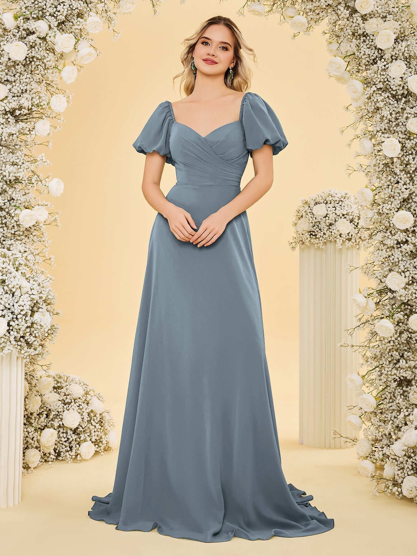 Short Puff Sleeve Chiffon A-Line Bridesmaid Dress