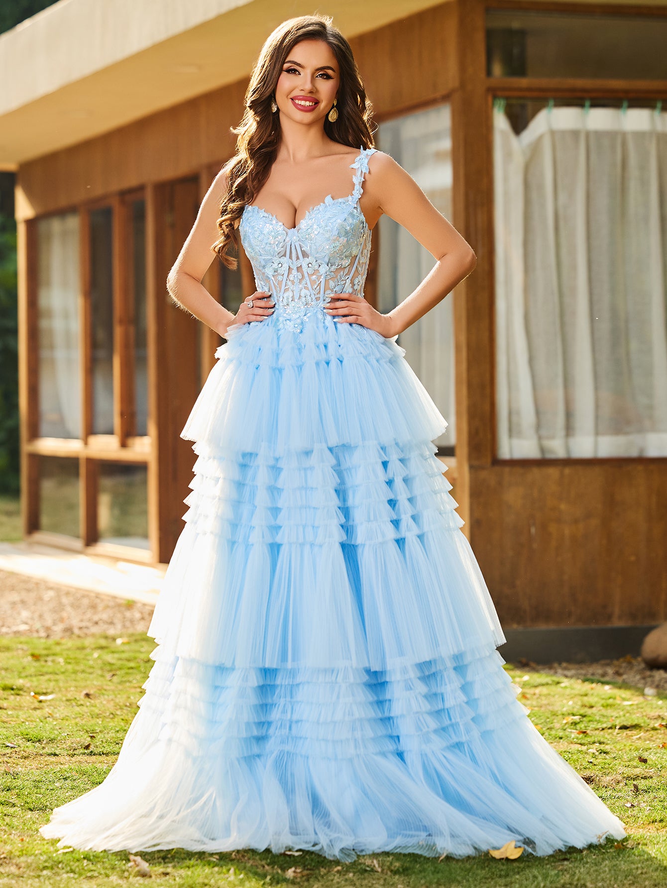 Flower Appliqued Corset Top Lace Layered Tiered Ball Gown Prom Dress - Baby Blue Worldprom Flower Appliqued Corset Top Lace Layered Tiered Ball Gown Prom Dress - Baby Blue Worldprom