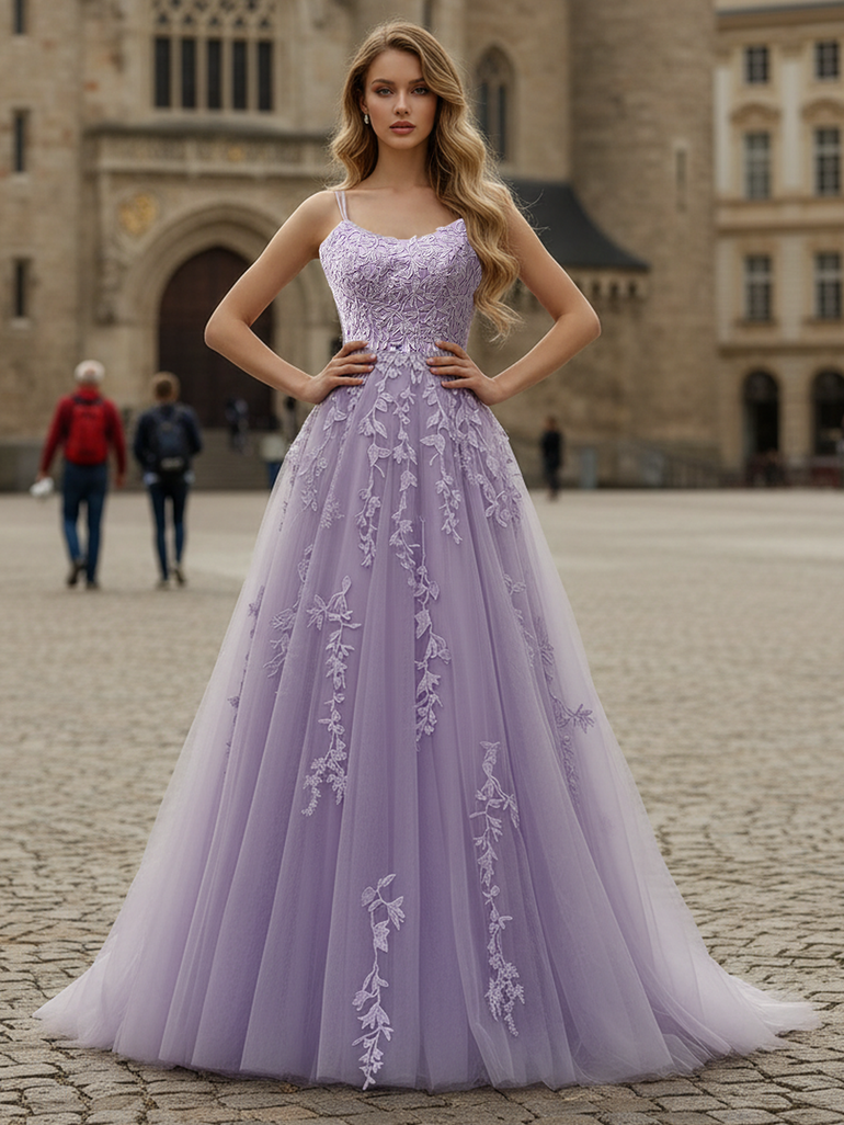 Lilac Tulle Lace Applique Floor Length Ball Gown Prom Dress