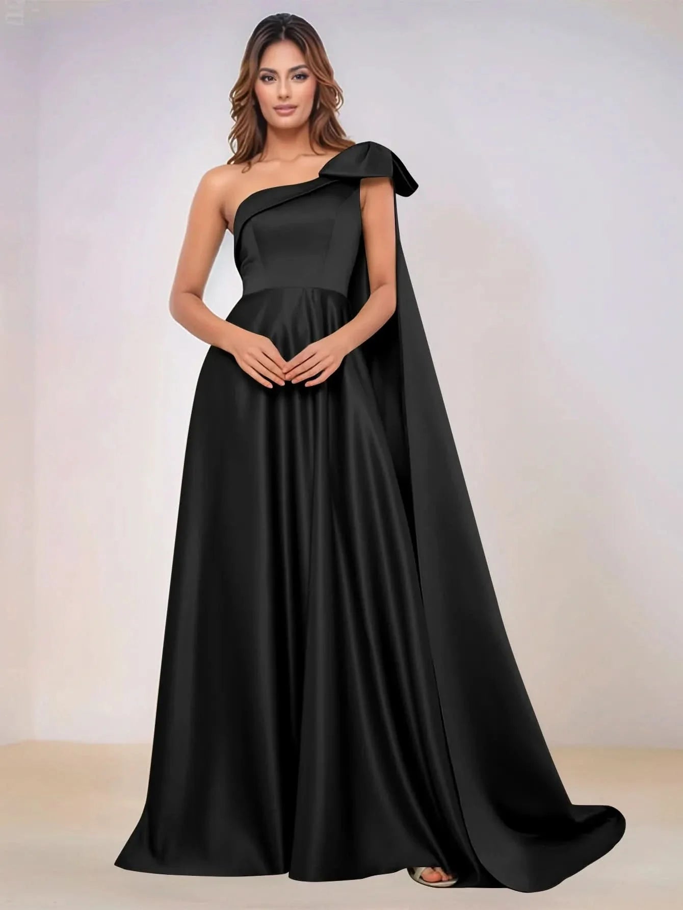 One Shoulder Bow Satin A-Line Bridesmaid Dress - Black Worldprom One Shoulder Bow Satin A-Line Bridesmaid Dress - Black Worldprom