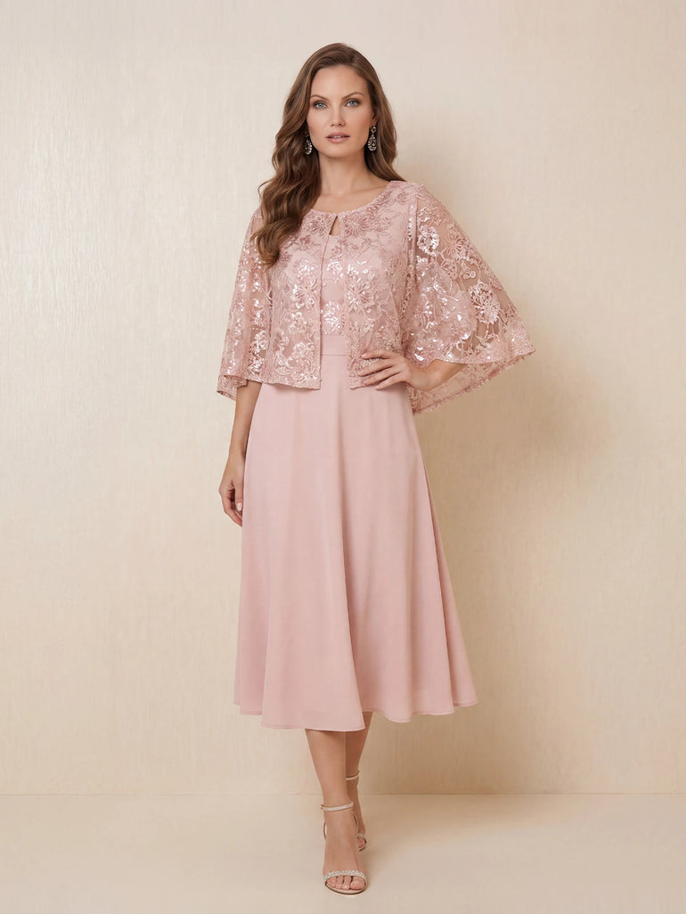 Sequined Lace Chiffon 2 Pieces Tea Length Mother of the Bride Dress with Jacket in Blush Pink