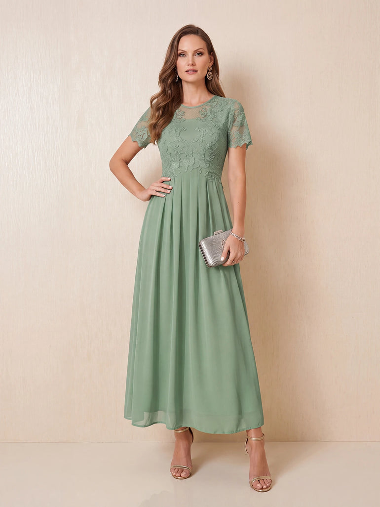Chiffon Lace Short Sleeve A-Line Mother of the Bride Dress in Dusty Sage
