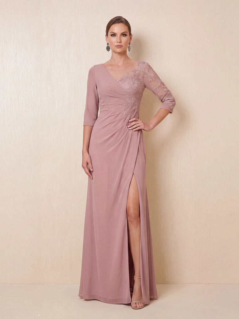 Sequin Lace Chiffon A-Line Slit Mother of the Bride Dress with Sleeve in Dusty Rose