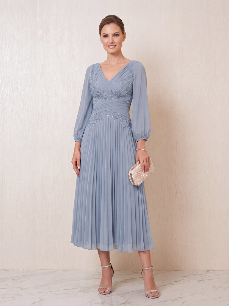 Pleated Chiffon Lace V-Neck Mother of the Bride Dress with Long Sleeve Tea Length in Dusty Blue