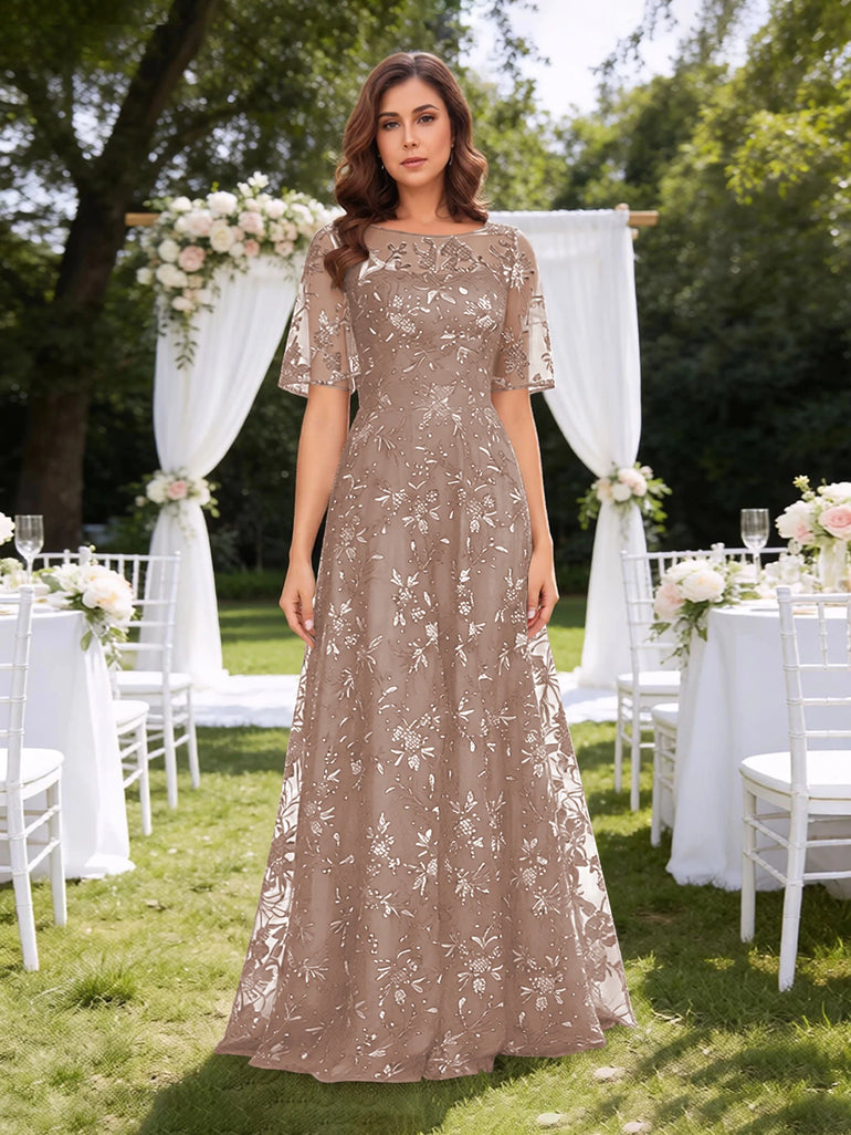 Sparkly Sequin A-Line Short Sleeve Mother of the Bride Dress in Champagne Gold