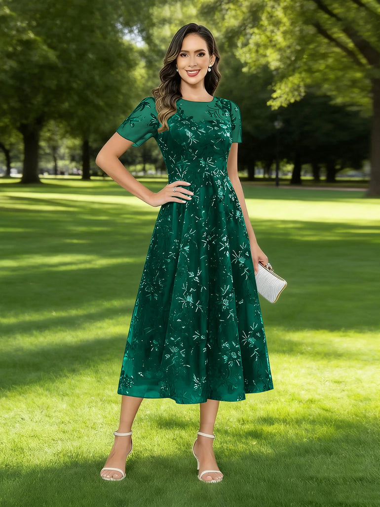 Sequin Lace Sheer Short Sleeve Formal Mother of the Bride Dress in Teal