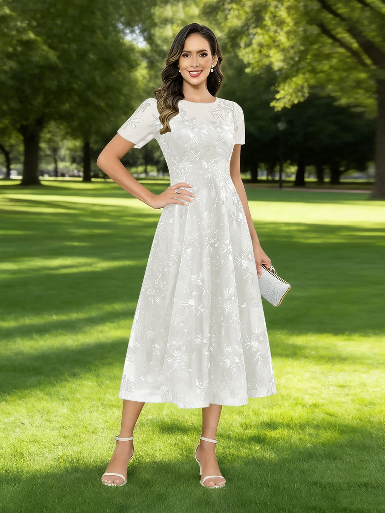 Sequin Lace Sheer Short Sleeve Formal Mother of the Bride Dress in White