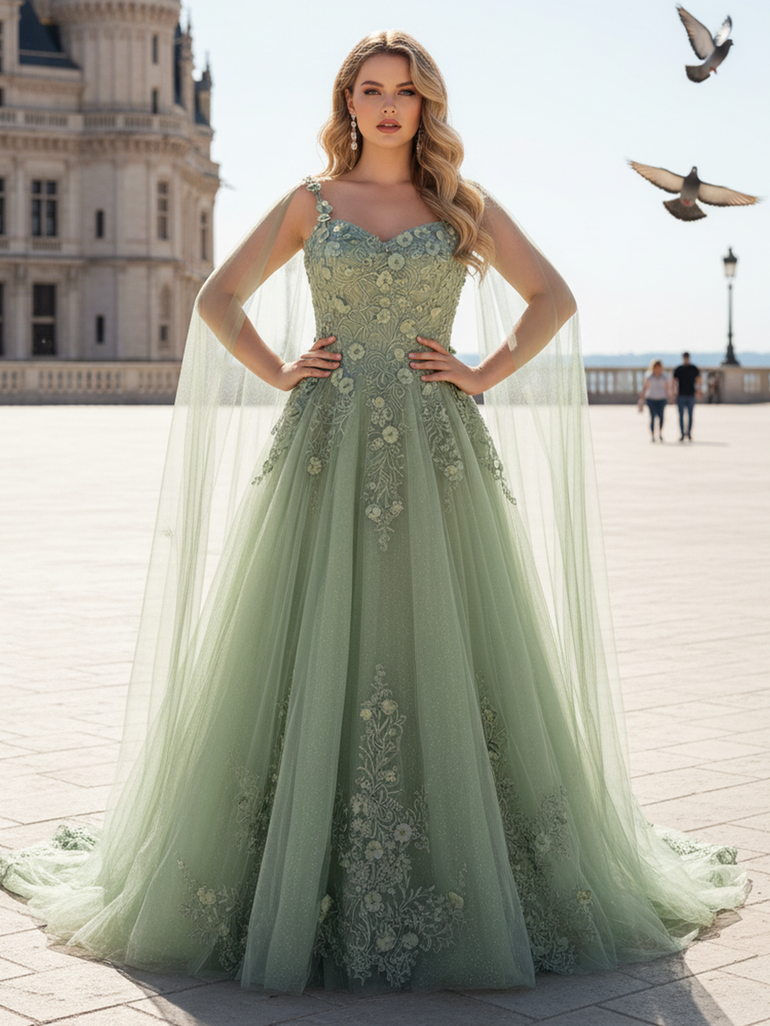 Dusty Sage 3D Flowers Lace Tulle A-Line Floor Length Prom Dress with Shawl