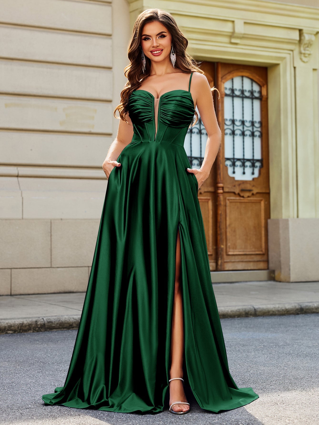 Deep V-Neck Boned Top Satin A-Line Long Prom Dress With Pocket - Emerald Green Worldprom Deep V-Neck Boned Top Satin A-Line Long Prom Dress With Pocket - Emerald Green Worldprom