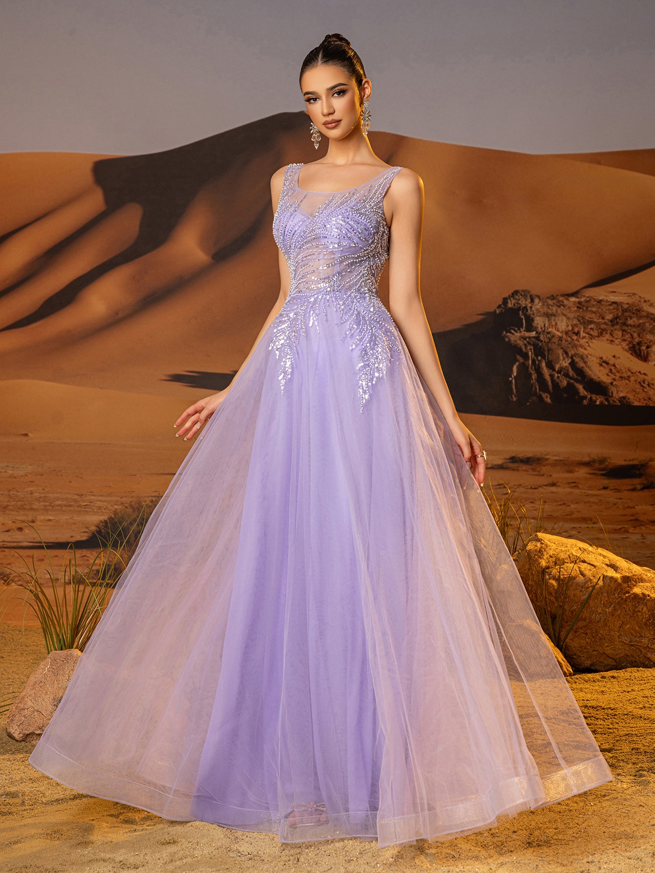 Beaded Sheer Bodice A Line Long Prom Dress - Lilac Worldprom Beaded Sheer Bodice A Line Long Prom Dress - Lilac Worldprom