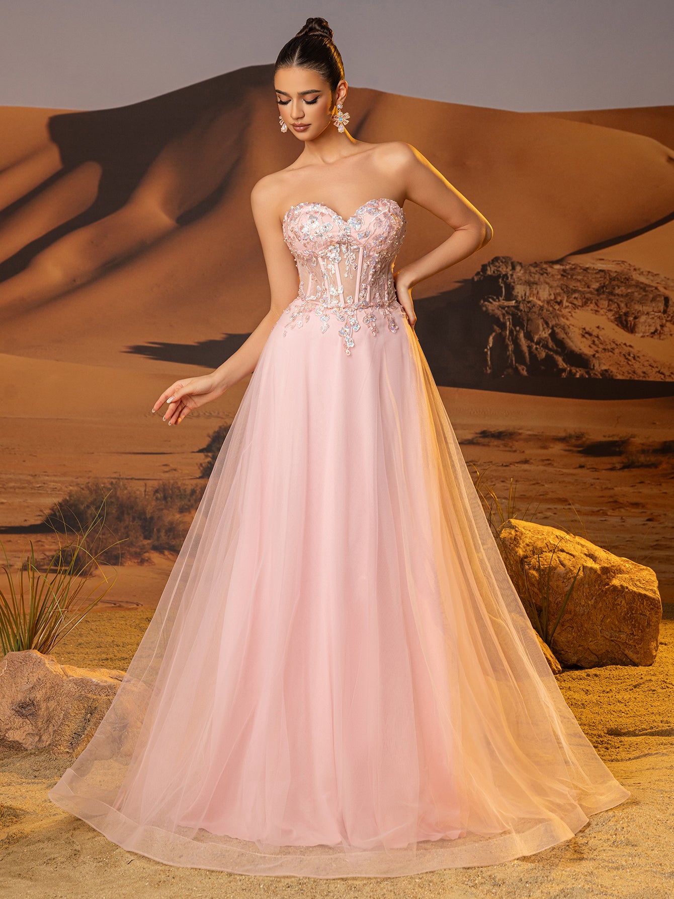 Worldprom Sheer Bodice Lace Embroidery Long Prom Dress - Pink US 22W / Pink Worldprom Sheer Bodice Lace Embroidery Long Prom Dress - Pink US 22W / Pink
