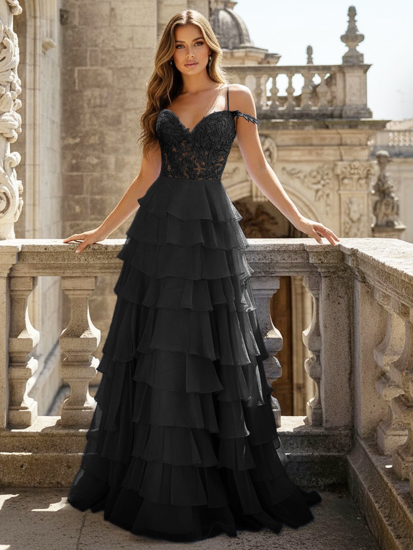 Lace Illusion Ruffle Tiered Ball Gown Prom Dress in Black – Worldprom
