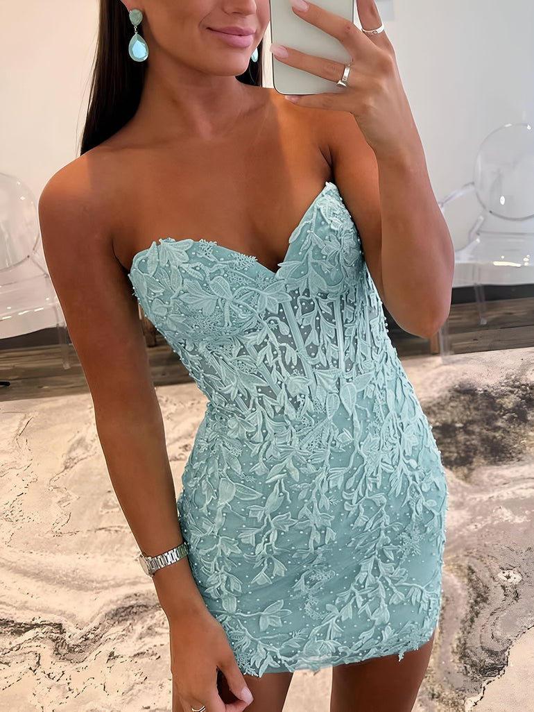 Baby Blue Lace Embroidery Pearls Corset Mini Homecoming Dress